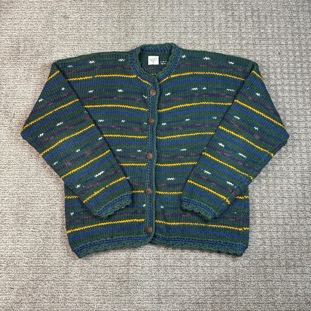 Vintage Quichua Maqui Hand Knit Cotton Cardigan Sweater Green Striped Ecuador L